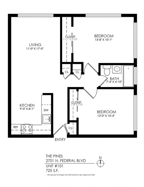 Floor plan for 2 beds, 1 bath, 740 sqft